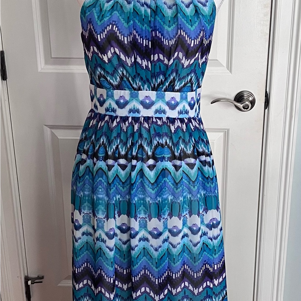 Eliza J Strapless Blue and White Patterned Dress